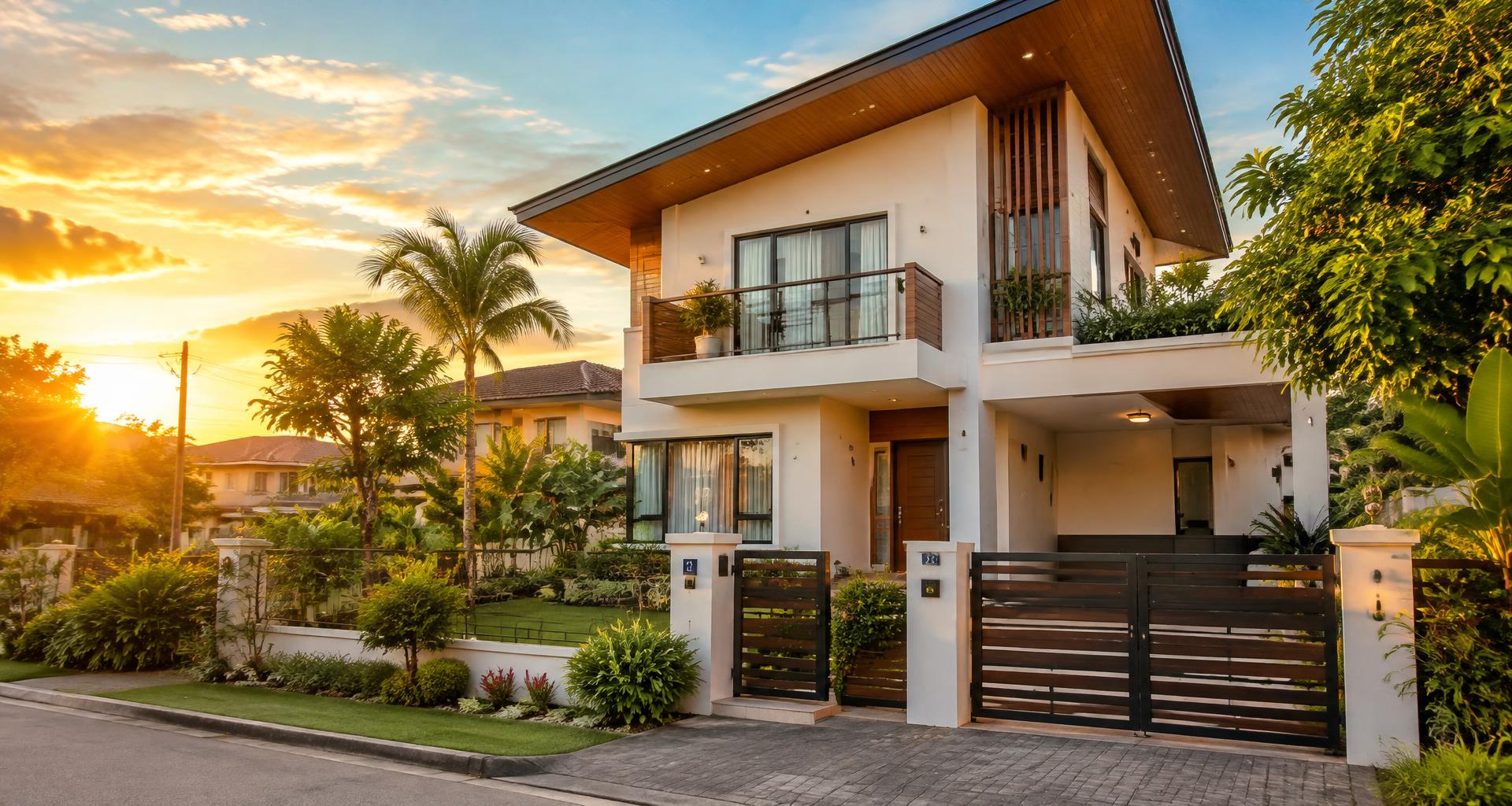 Modern Filipino family home at sunset